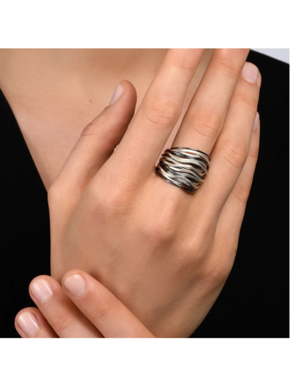 Studio Spirali Black & Silver Multi-Strand Wrap Statement Ring Size 7